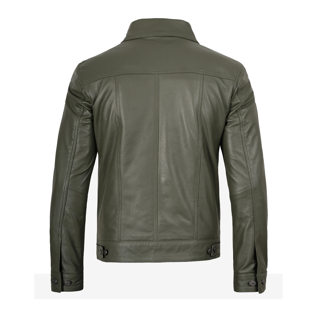 Men’s Four Pockets Olive Green Trucker Leather Jacket