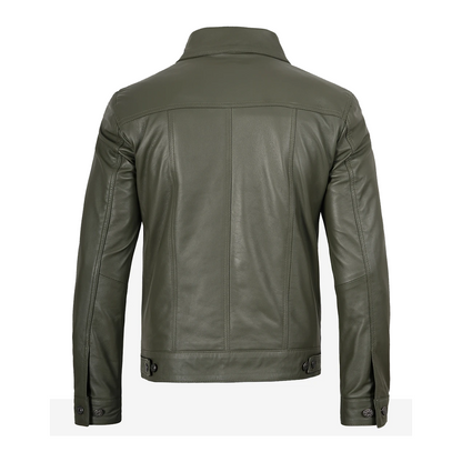 Men’s Four Pockets Olive Green Trucker Leather Jacket