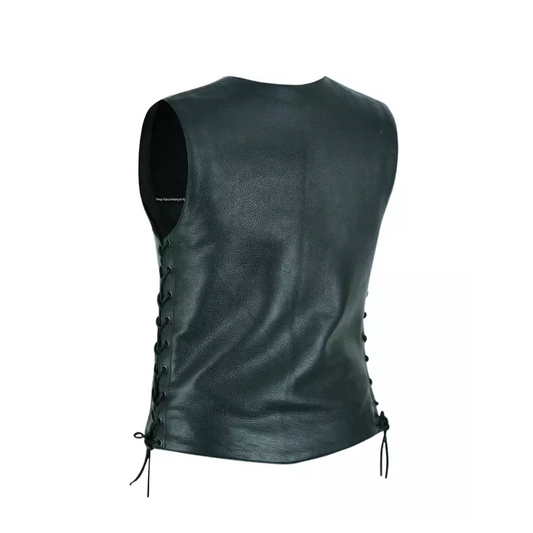 Women Black Leather Motorcycle Bling Vest