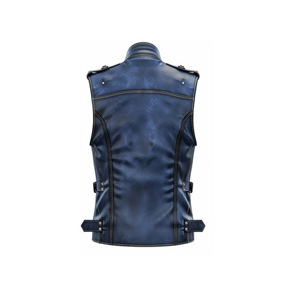 Men Blue Distressed Leather Vest