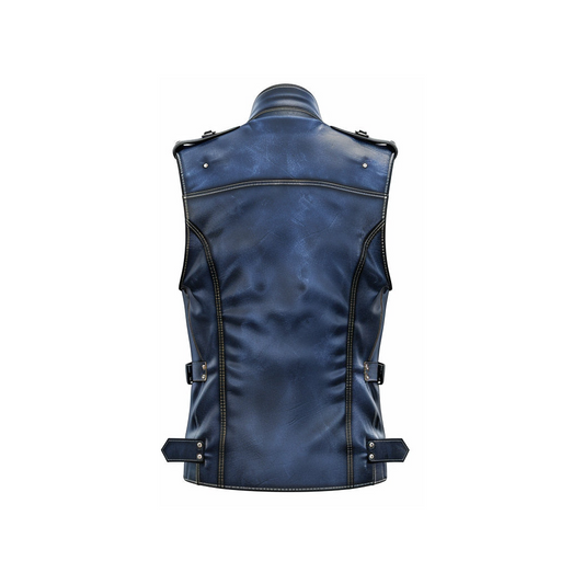 Men Blue Distressed Leather Vest