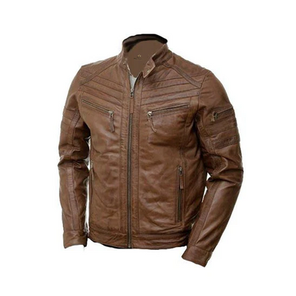 Men’s Brown Biker Style Moto Rugged Leather Jacket