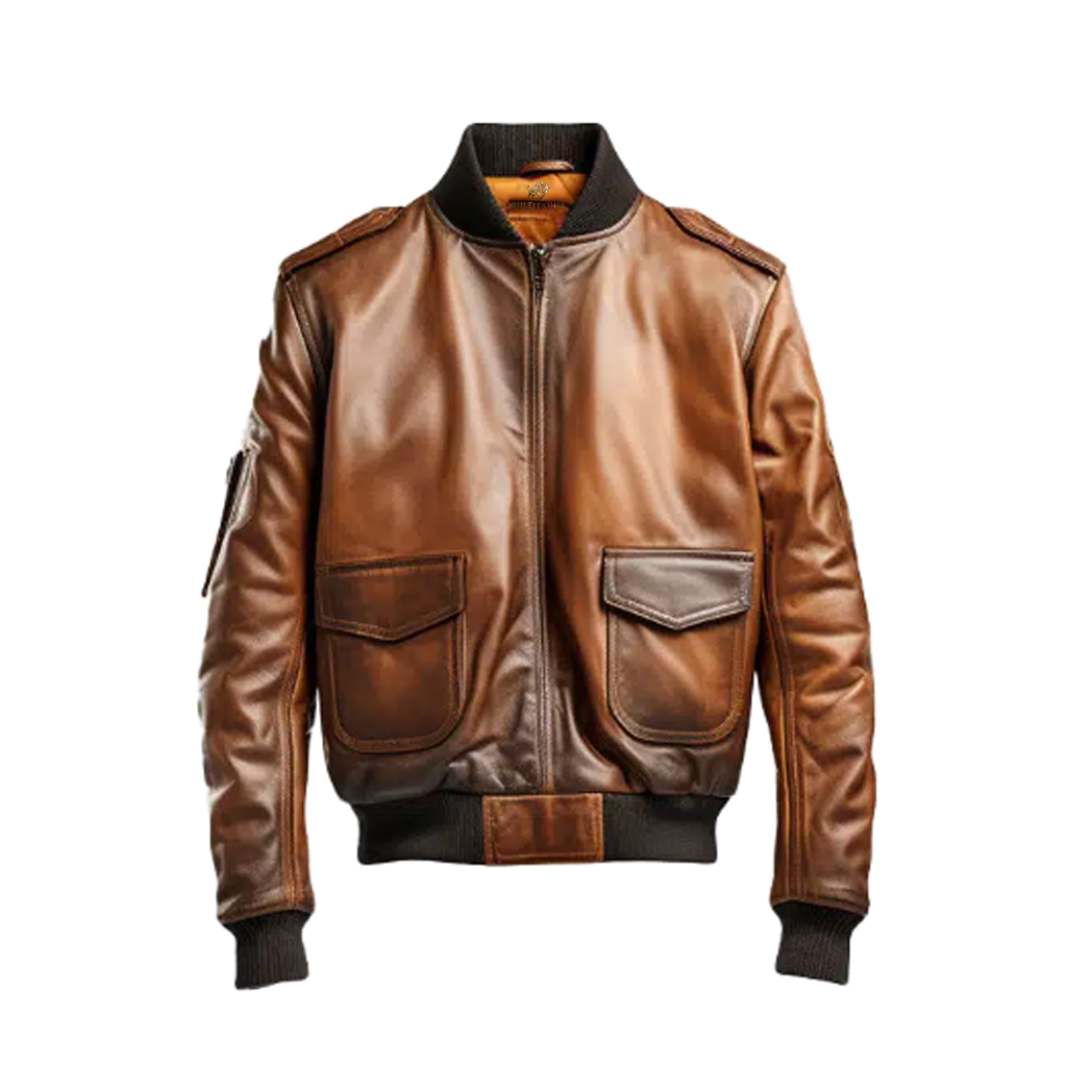 Men Distressed Brown Bomber Leather Jacket