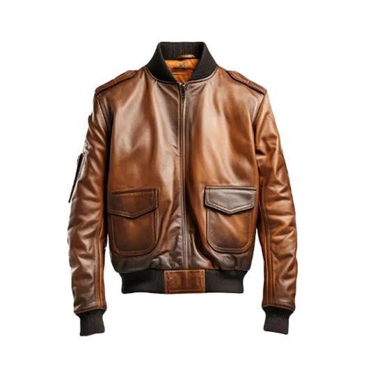 Men Distressed Brown Bomber Leather Jacket