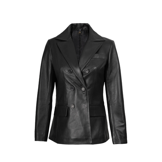 Women Notch Lapel Black Leather Coat