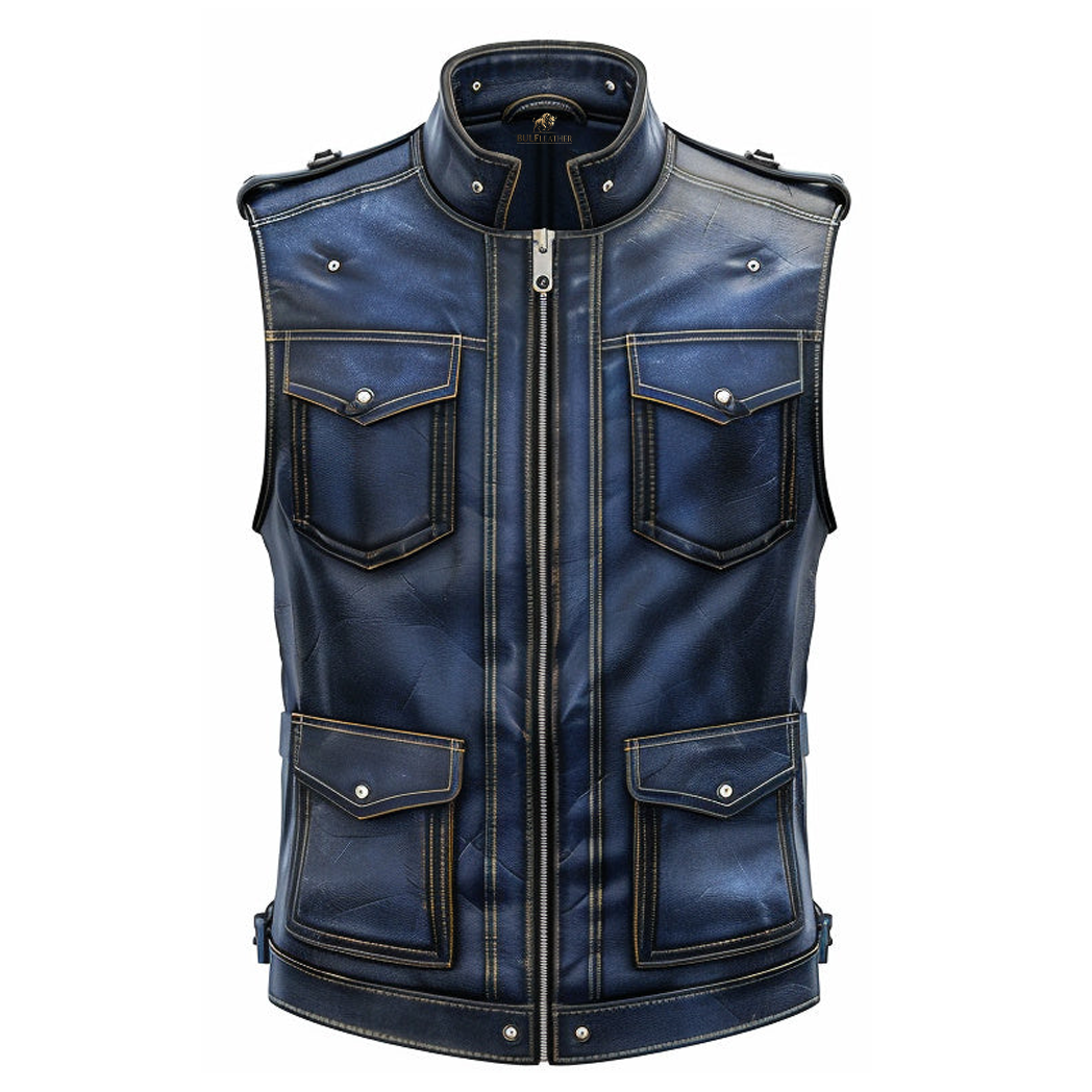 Men Blue Distressed Leather Vest