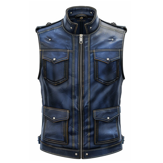 Men Blue Distressed Leather Vest