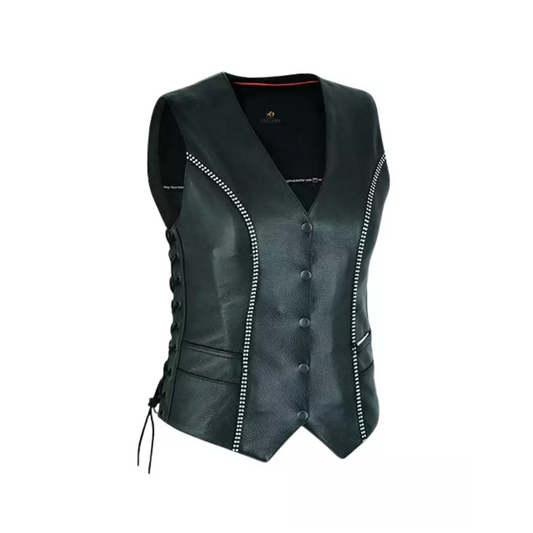Women Black Leather Motorcycle Bling Vest