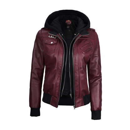 Womens Maroon Hooded Bomber Leather Jacket