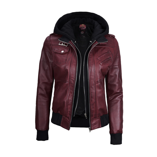 Womens Maroon Hooded Bomber Leather Jacket