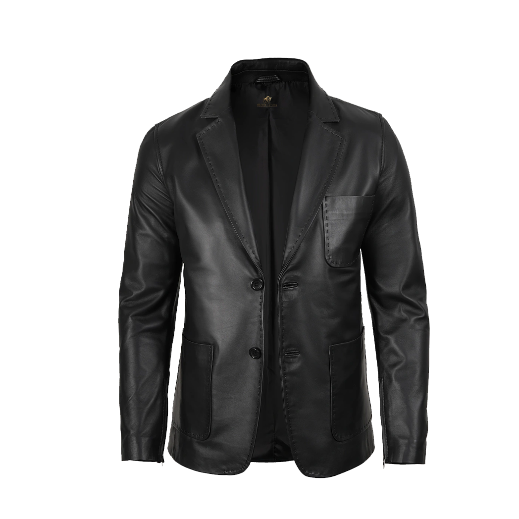 Men Two Button Black Leather Blazer Notch Lapel