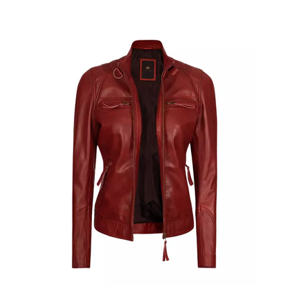 Women Maroon Quilted Cafe Racer Jacket
