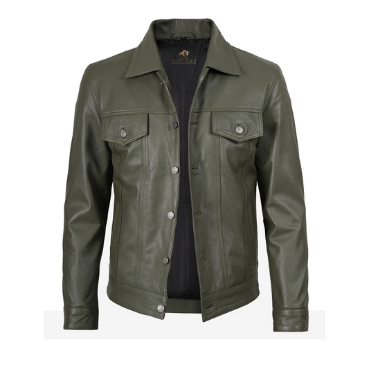 Men’s Four Pockets Olive Green Trucker Leather Jacket