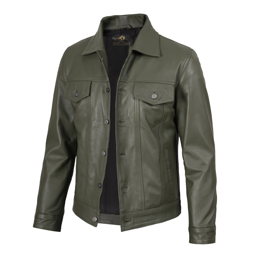 Men’s Four Pockets Olive Green Trucker Leather Jacket