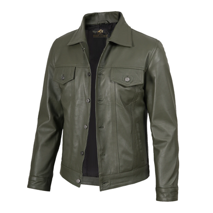 Men’s Four Pockets Olive Green Trucker Leather Jacket