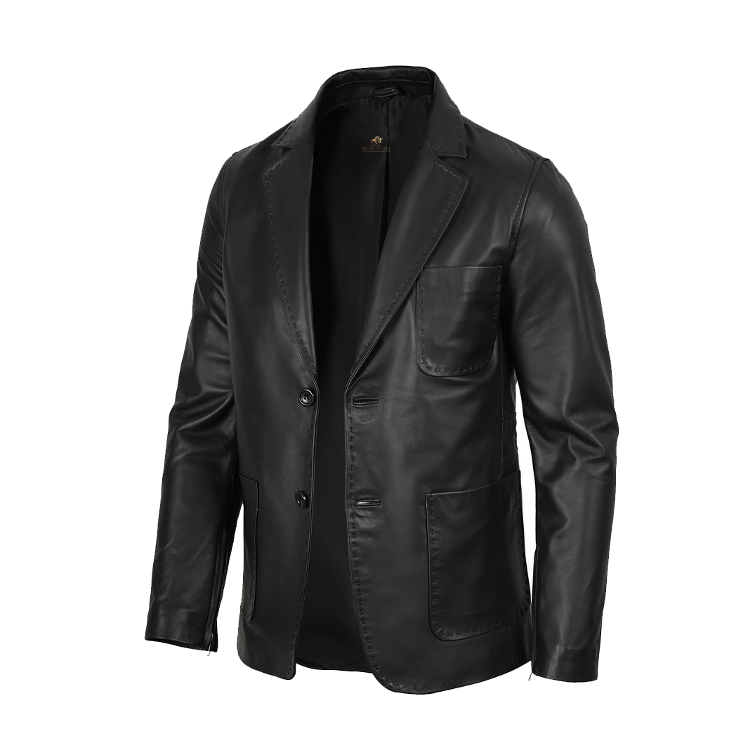 Men Two Button Black Leather Blazer Notch Lapel