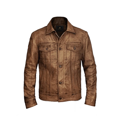 Men Distressed Leather Trucker Vintage Jacket