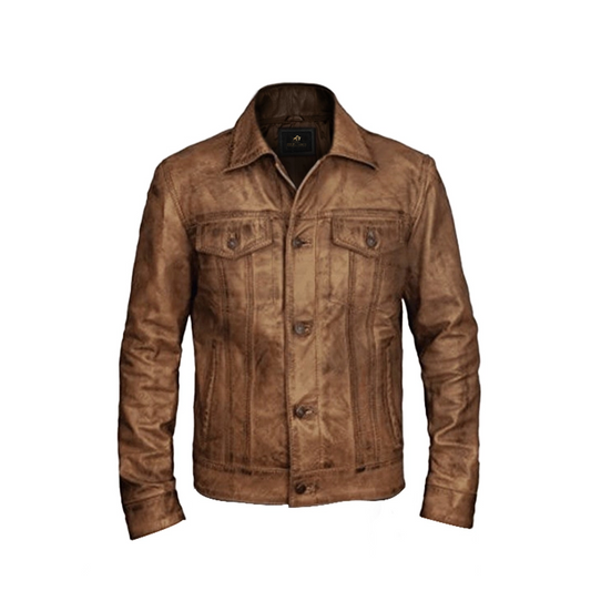 Men Distressed Leather Trucker Vintage Jacket