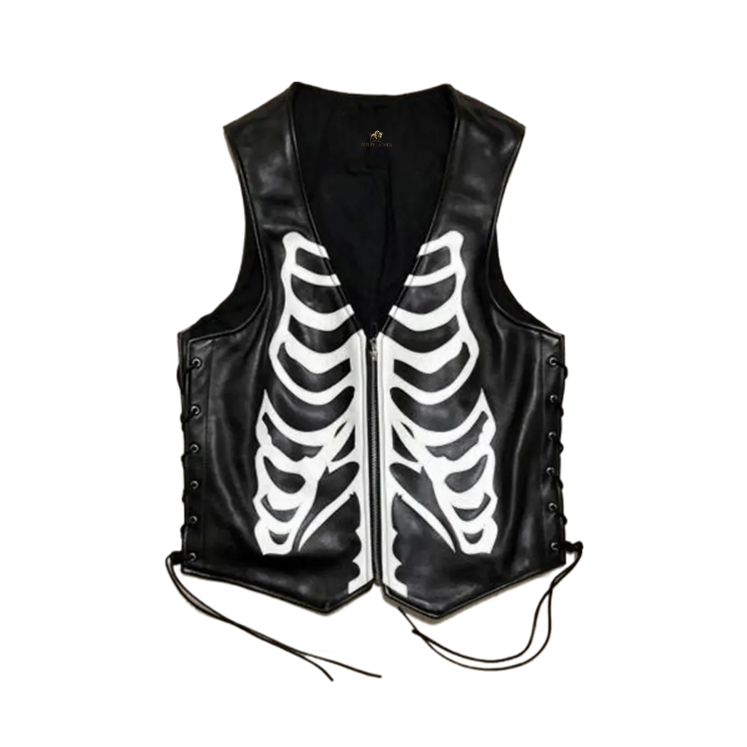 Mens Skeleton Black Leather Vest
