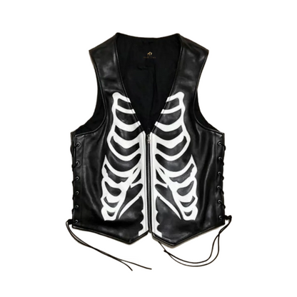 Mens Skeleton Black Leather Vest