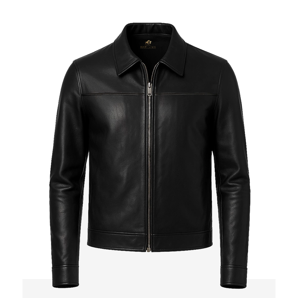 Men’s Shirt Style Collar Black Leather Jacket