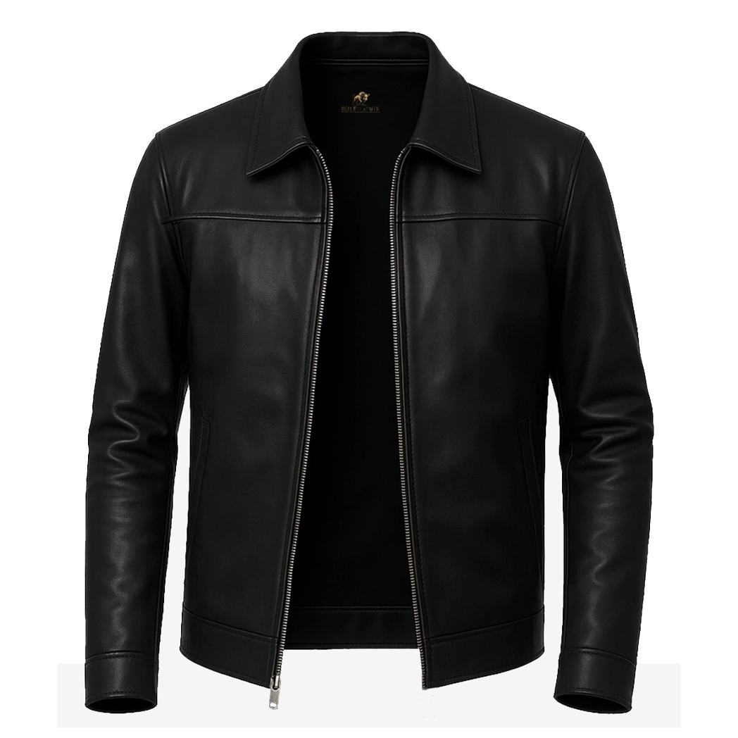 Men’s Shirt Style Collar Black Leather Jacket