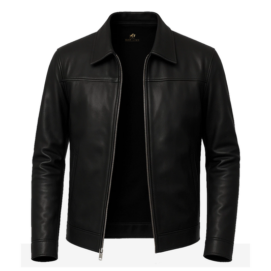 Men’s Shirt Style Collar Black Leather Jacket
