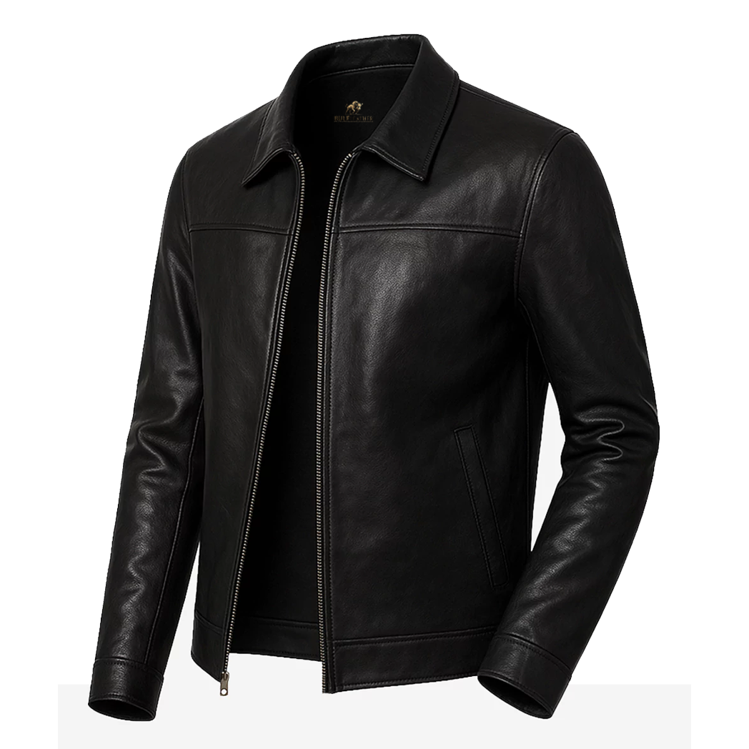Men’s Shirt Style Collar Black Leather Jacket