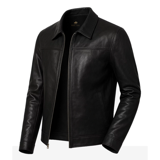 Men’s Shirt Style Collar Black Leather Jacket