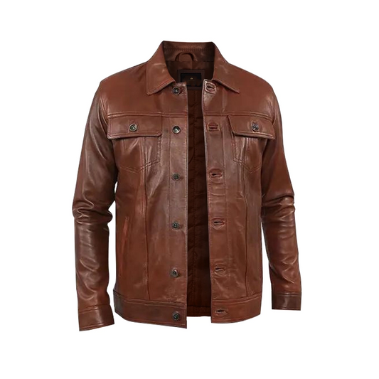Mens Brown Shiny Stylish Collar Style Leather Jacket