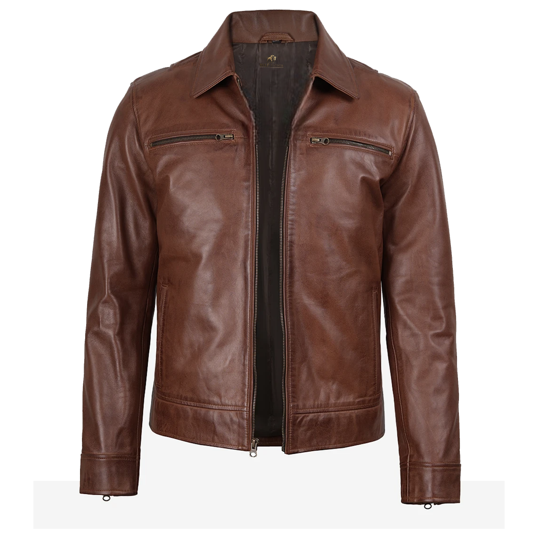 Men’s Classic Shirt Collar Brown Leather Jacket