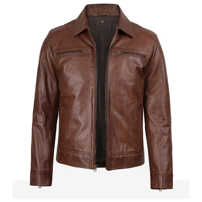 Men’s Classic Shirt Collar Brown Leather Jacket