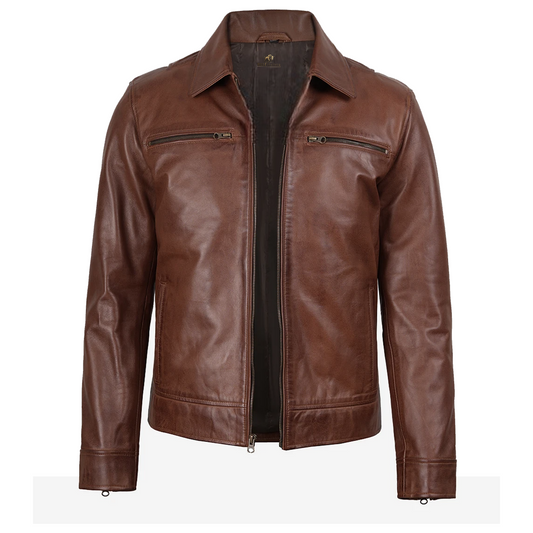 Men’s Classic Shirt Collar Brown Leather Jacket