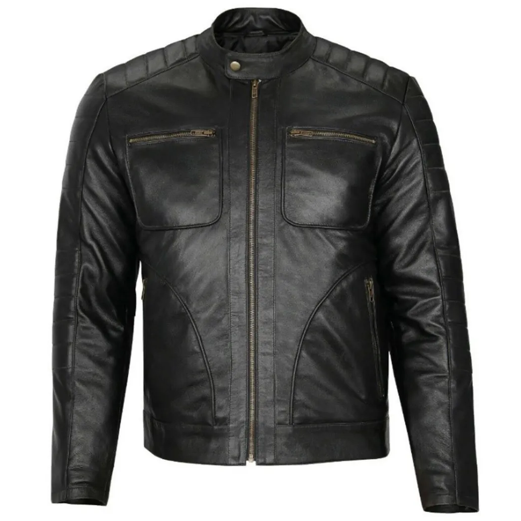 Mens Padded Shoulder Black Leather Jacket