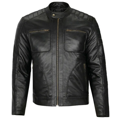 Mens Padded Shoulder Black Leather Jacket