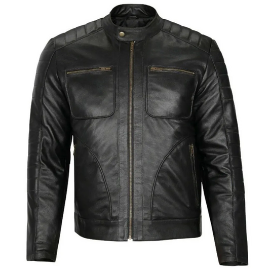 Mens Padded Shoulder Black Leather Jacket