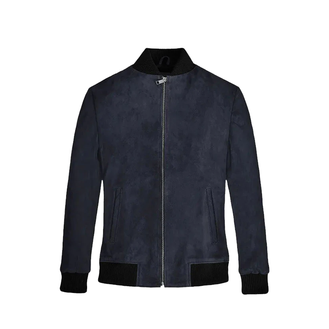 Men’s Dark Blue Suede Bomber Jacket