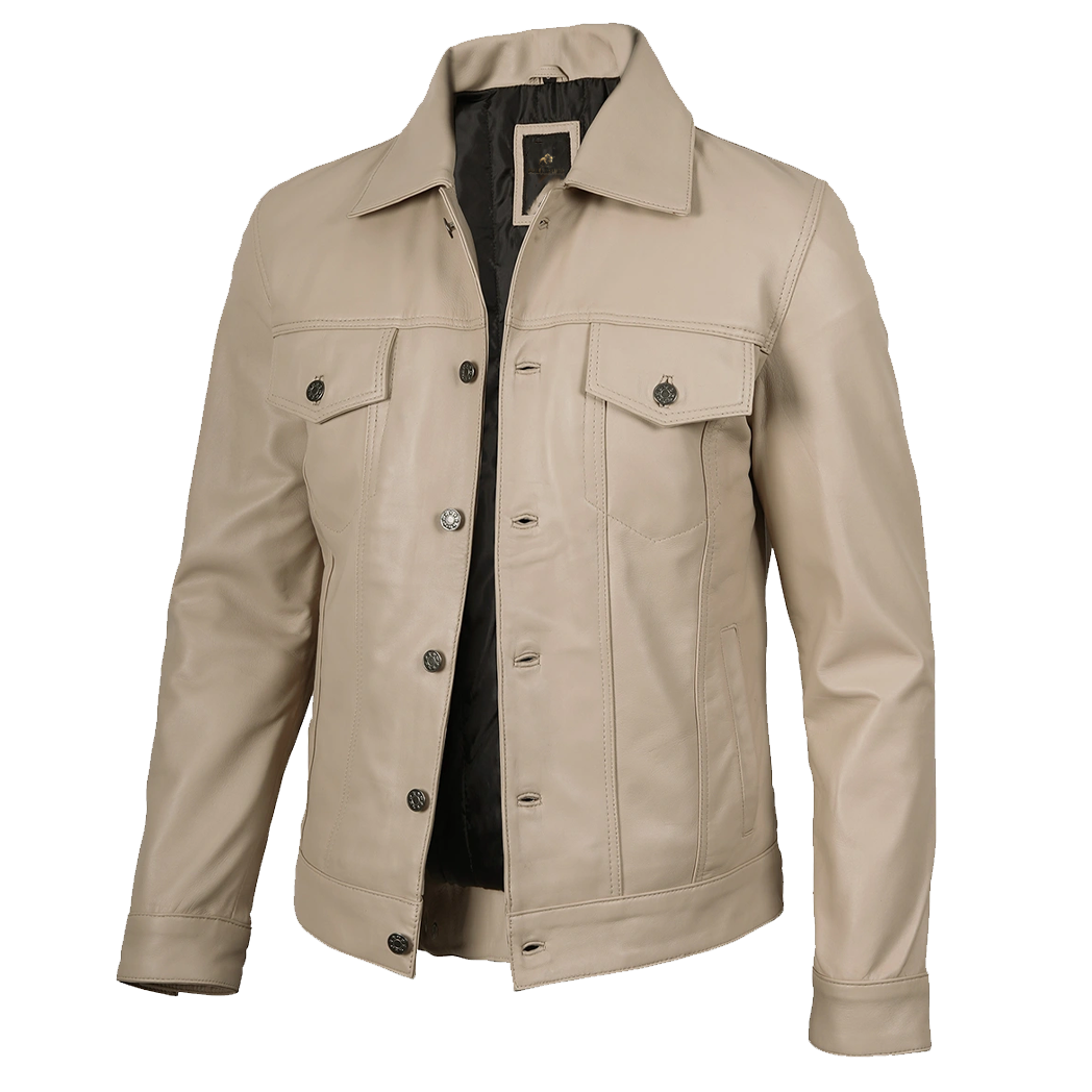 Men’s Real Lambskin Leather Beige Trucker Jacket
