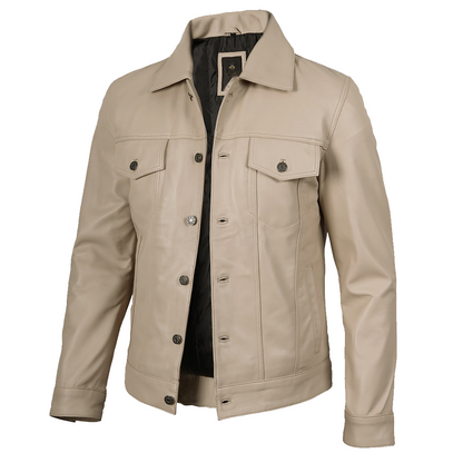 Men’s Real Lambskin Leather Beige Trucker Jacket