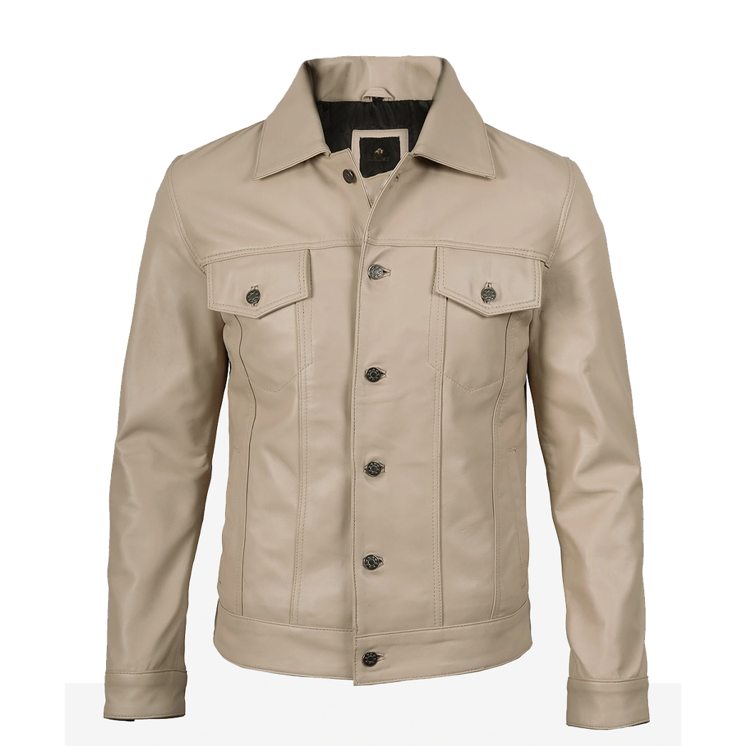 Men’s Real Lambskin Leather Beige Trucker Jacket