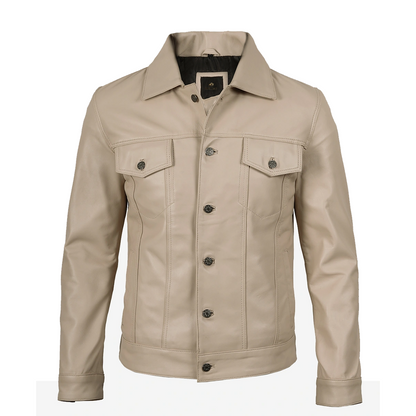 Men’s Real Lambskin Leather Beige Trucker Jacket