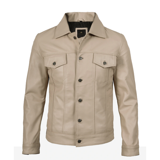 Men’s Real Lambskin Leather Beige Trucker Jacket