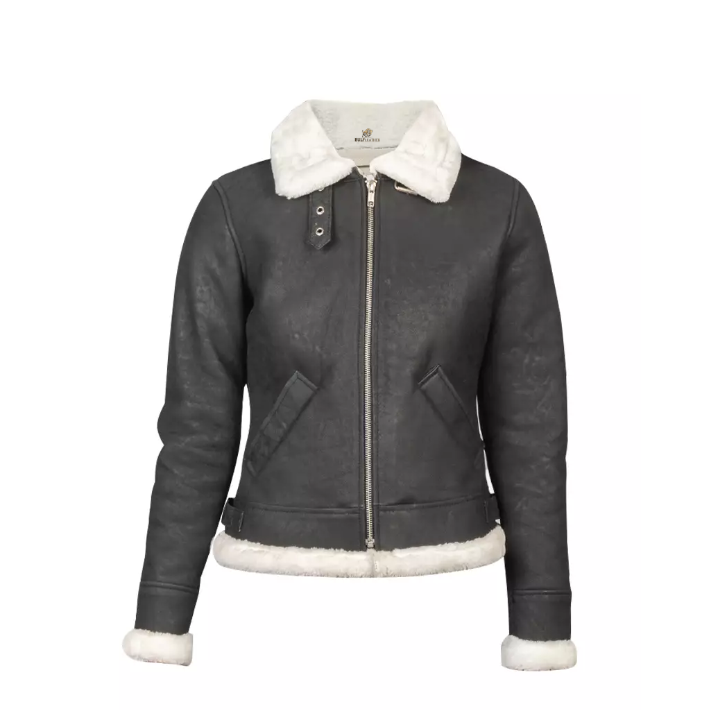 Women B-3 Black & White Leather Bomber Jacket