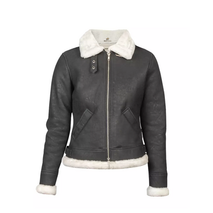 Women B-3 Black & White Leather Bomber Jacket