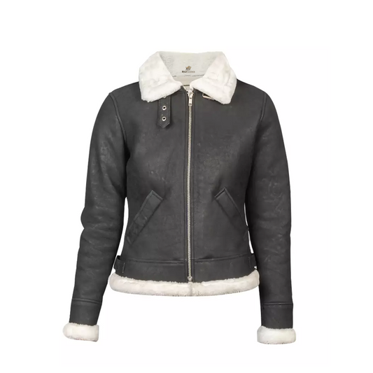 Women B-3 Black & White Leather Bomber Jacket