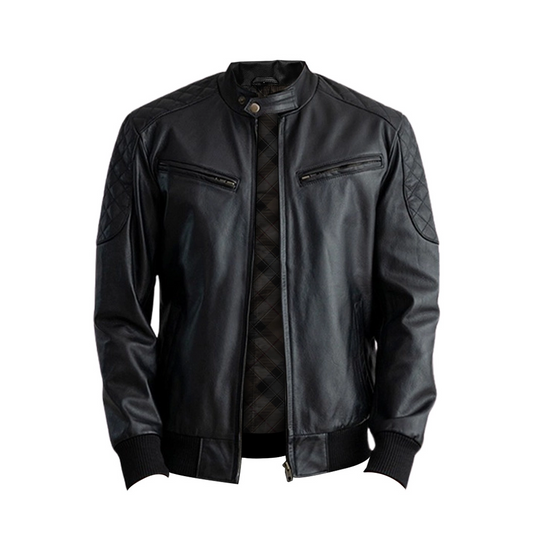 Casual Black Leather Bomber Jacket