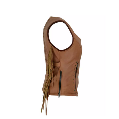 Women Brown Leather Vest with Fringe