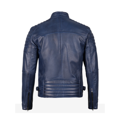 Mens Blue Waxed Biker Style Leather Jacket