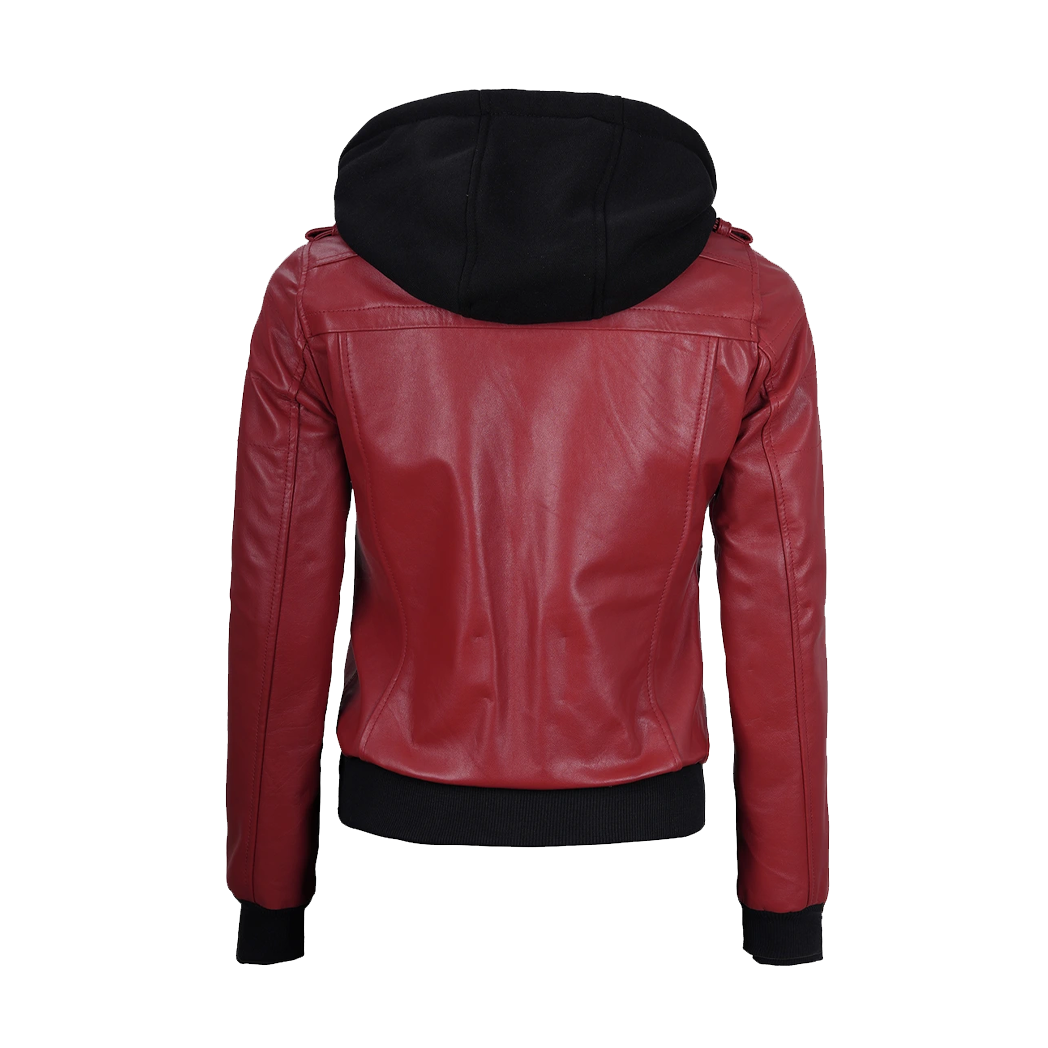 Womens Red Hooded Bomber Leather Jacket