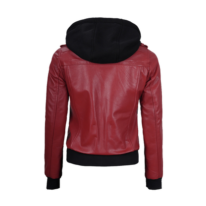 Womens Red Hooded Bomber Leather Jacket